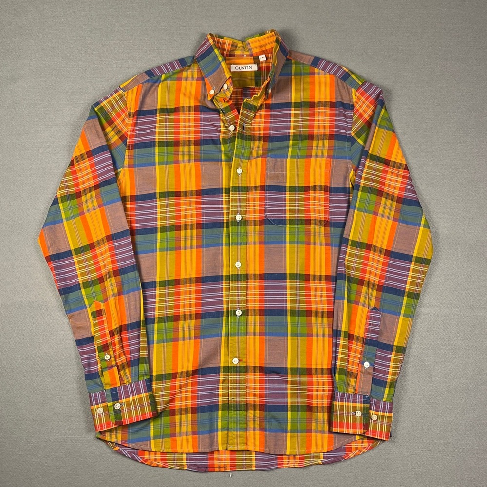 Gustin Mens Madras Plaid Button Down Shirt Orange Yellow Green Blue Size M